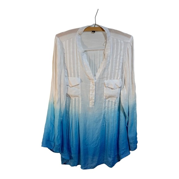 Zac & Rachel Tops - Zac & Rachel Woman Pleated White, Blue Ombre Rolled Sleeve Flowy Blouse -Size 2X